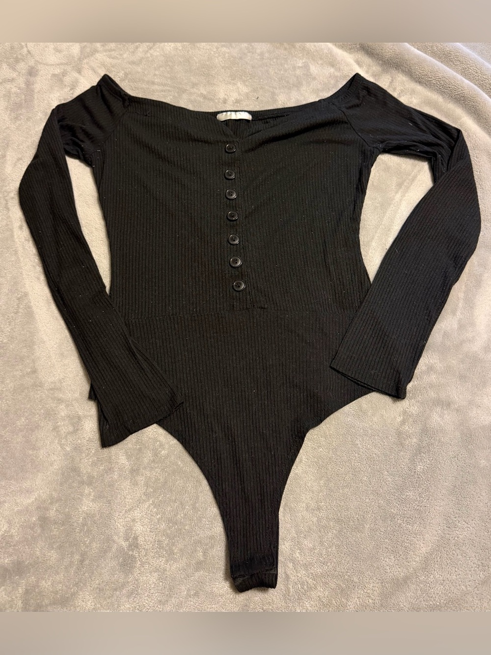 Ribbed Long-Sleeve Black Button-Front Bodysuit